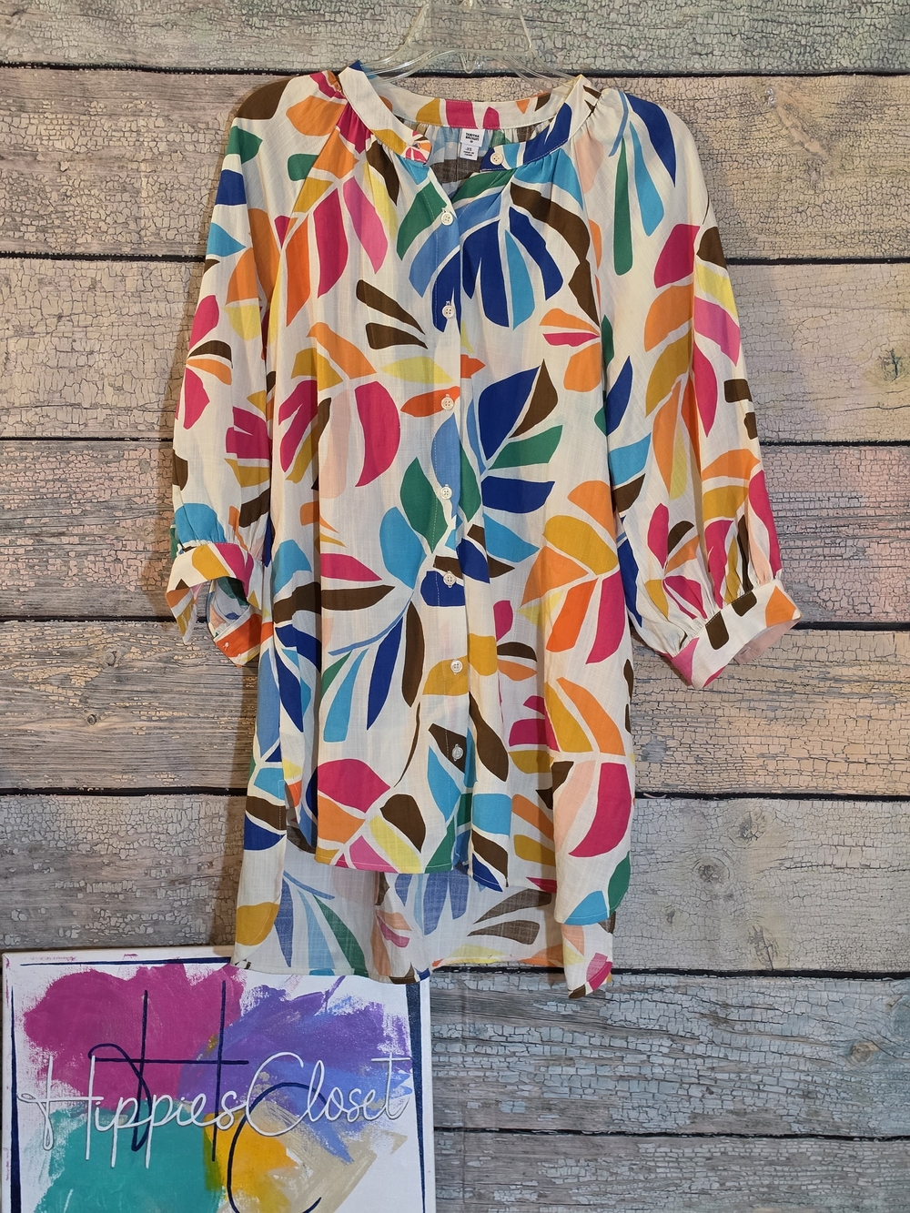 Colorful Leaf Print Button-Front Blouse - Multicolor